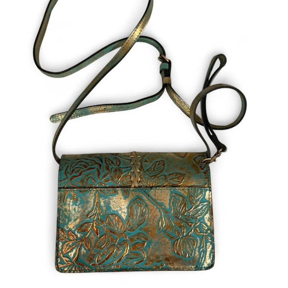 Patricia Nash Teal and Gold Floral Embossed Leather Crossbody - Picture 2 of 6